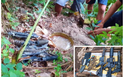 <p><strong>BURIED FIREARMS.</strong> Soldiers belonging to the Army’s 72IB dig up the firearms and anti-personnel mine concealed by communist New People’s Army rebels with the help of a former NPA fighter in Antipas, North Cotabato on Sunday (May 3, 2020). The war materiel (inset) were separately buried in the forests of far-flung Barangays Camutan and Magsaysay in the municipality. <em>(Photo courtesy of 72IB)</em></p>