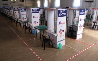 <p><strong>SWAB TEST FACILITY.</strong> The swab test booths set up at the Palacio de Maynila along Roxas Boulevard in Manila. Health Sec. Francisco Duque III said the swab test facilities would help ramp up the country's testing capacity for Covid-19. <em>(Photo courtesy of NTF vs. Covid-19)</em></p>