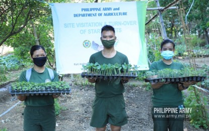 <p><strong>URBAN GARDENING.</strong> Army troops receive agriculture kits from the Department of Agriculture in Fort Bonifacio, Taguig City on Wednesday (May 6, 2020). The initiative encourages Army personnel to plant vegetables inside the camp and in their homes to ensure adequate food supply amid the enhanced community quarantine. <em>(Photo courtesy of Army Chief Public Affairs Office)</em></p>