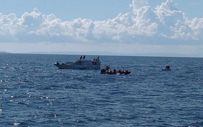 <p><strong>RESCUE OPERATION.</strong> Search and Rescue (SAR) Operation continues for personnel of the Caluya Municipal Police Station when their boat capsized while bringing relief goods to the island barangay of Caluya, Antique on Friday (May 8, 2020). Four other passengers of the boat, composed of personnel of the Philippine Coast Guard (PCG) and the Caluya MPS, were rescued. <em>(Photo courtesy of PCG Antique)</em></p>