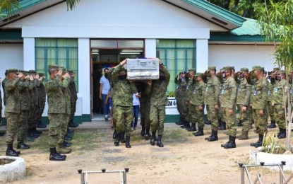 <p><strong>HONORED.</strong> Army soldiers carry on their shoulders the transport boxes bearing the coffins of two fallen colleagues from the Camp Siongco Chapel during send-off ceremonies to their respective families on Saturday (May 9, 2020). The fallen soldiers, Corporals Jermie Ombiang and Vicente Gata, both of the Army’s 57th Infantry Battalion, were manning a quarantine checkpoint in Datu Hoffer, Maguindanao, when attacked by Bangsamoro Islamic Freedom Fighters (BIFF) rebels last May 7, 2020.<em> (Photo courtesy of 6ID)</em></p>
<p> </p>