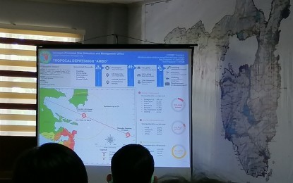 <p><strong>PREPARING FOR 'AMBO'</strong>. Members of the Sorsogon Provincial Disaster Risk Reduction and Management Council attend an emergency meeting on Tuesday (May 12, 2020) in preparation for Tropical Storm Ambo. PAGASA had projected that Ambo would hit Sorsogon on Thursday with heavy rains. <em>(Photo courtesy of the Sorsogon Provincial Information Office)</em></p>
