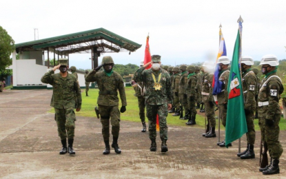 <p><strong>HONORED.</strong> Newly-promoted Marine Brig. Gen. Jonas Lumawag, commander of 1st Marine Brigade (right), troops the line during a military parade honoring him and Brig. Gen. Jose Narciso, 601st Infantry Brigade chief, inside Camp Siongco, the headquarters of the 6th Infantry Division in Datu Odin Sinsuat, Maguindanao on Wednesday (May 13, 2020). Both officers, who were elevated to the rank of one-star general, will serve their assigned brigade units in Central Mindanao under the Army’s 6th Infantry Division. <em>(Photo courtesy of 6ID)</em></p>