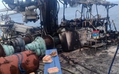 <p><strong>VESSEL FIRE.</strong> The upper deck of a fishing vessel owned by Frabelle Fishing Corp. in General Santos City following a huge fire on Friday morning (May 15, 2020). Major portions of the vessel, which was docked for repairs at the company wharf in Barangay Tambler, sustained damages estimated at PHP10 million. <em>(Photo courtesy of the Bureau of Fire Protection-General Santos station)</em></p>