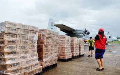<p><strong>AID FOR 'AMBO' VICTIMS.</strong> Relief goods transported by a military plane arrived in Catarman, Northern Samar in this May 16, 2020 photo. The Department of Social Welfare and Development (DSWD) on Monday (May 18, 2020) said a total of 14,750 family food packs have been delivered for Typhoon Ambo victims in Samar provinces. <em>(Photo courtesy of DSWD Region 8)</em></p>