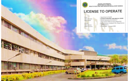 <p><strong>ACCREDITED TESTING FACILITY.</strong> The Cotabato Regional and Medical Center and the license issued by the Department of Health (inset) for the hospital to operate the first-ever testing laboratory for coronavirus disease 2019 (Covid-19) within the Bangsamoro Autonomous Region in Muslim Mindanao. The CRMC would also accept specimens of suspected and probable patients from Region 12. <em>(Photo courtesy of CRMC)</em></p>