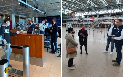 <div class="nH V8djrc byY"><strong>HOMEBOUND.</strong> Filipino seafarers (left photo) commence boarding the chartered flight to Manila as Philippine Ambassador to Germany Ma. Theresa Dizon-de Vega (right photo) confers with representatives of TUI and Hamburg Airport. More than 300 Filipino crew members of two cruise ships arrived in the country on May 25, 2020 via a chartered TUI Airlines flight after waiting for about two months to be repatriated. <em>(Photo from the Philippine Embassy in Berlin)</em></div>
<div class="nH V8djrc byY"> </div>
