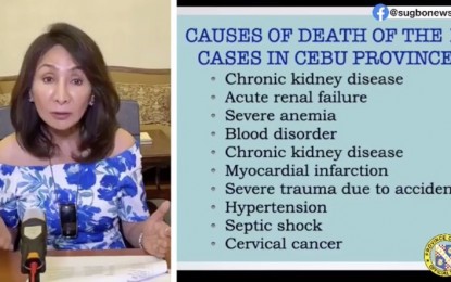<p><strong>OTHER CAUSES OF DEATH.</strong> Governor Gwendolyn Garcia discusses "other illnesses" as top causes of death in Cebu province, during her regular presser at the Provincial Capitol on Wednesday (May 27, 2020). Garcia has pushed for a comparative analysis between the data of coronavirus disease 2019 (Covid-19) cases and other illnesses recorded in the provincial and district hospitals to allay fears of the public amid the Covid-19 pandemic. <em>(Screengrab from Cebu Provincial Capitol PIO video)</em></p>