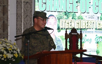<p><strong>BICOL'S NEW MILITARY CHIEF.</strong> Brig. Gen. Henry A. Robinson Jr. delivers his message during the turnover ceremony marking his official assumption of post as the new commander of the Army's 9th Infantry Division in Pili, Camarines Sur on Wednesday (May 27, 2020). He replaced Maj. Gen. Fernando T. Trinidad who retired May 29, 2020.<em> (Photo courtesy of 9th ID, Philippine Army)</em></p>