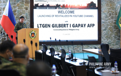<p><strong>ARMY'S YOUTUBE CHANNEL.</strong> Army commander, Lt. Gen. Gilbert Gapay leads the launching of the PA's revitalized YouTube channel in Fort Bonifacio on Monday (June 1, 2020). The Youtube channel named “Your Philippine Army” will feature stories and experiences of the soldiers, produce informative content and intensify the Army's information dissemination operations. <em>(Photo courtesy of the Army Chief Public Affairs Office)</em></p>