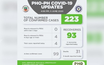 <p><strong>COVID-19 UPDATE</strong>. The Bulacan Provincial Health Office reports that the total number of confirmed Covid-19 cases in this province is 223 as of Friday (June 5, 2020). A total of 93 Covid-19 patients had already recovered while 31 had died. (<em>Graphic from the Provincial Health Office</em>) </p>