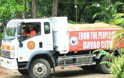 <p><strong>AID FROM PULONG.</strong> A truckload of rice from the office of 1st District Rep. Paolo 'Pulong' Duterte arrives in Mati City, Davao Oriental, on Sunday (June 7, 2020). The donated rice represents the fourth tranche of food packs distribution for Mati residents. <em>(Photo courtesy of Mati CIO)</em></p>