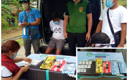 <p><strong>BUSTED.</strong> Agents of the Philippine Drug Enforcement Agency–Bangsamoro Autonomous Region in Muslim Mindanao account the suspected shabu drugs worth PHP3.5-million seized from Jordan Rakim (seated, handcuffed), an alleged high-value target, during a buy-bust operation in Barangay Pinguiaman, Datu Odin Sinsuat, Maguindanao on Wednesday (June 10, 2020). Aside from the suspected shabu (inset), also recovered from the suspect were the bogus bundles of money used by PDEA in the transaction and the suspect’s commuter van.<em> (Photos courtesy of PDEA-BARMM)</em></p>
