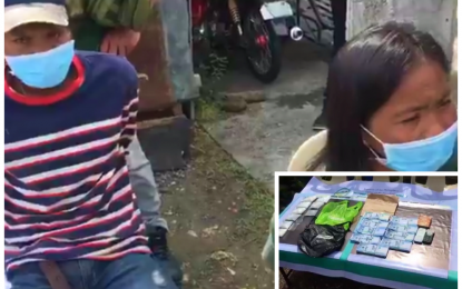 <p><strong>ARRESTED.</strong> Drug suspects Kenny Pulalon, and his sister Fhai, were both handcuffed following a drug bust operation in Maguindanao on June 12, 2020. The seized illegal drugs (inset) have an estimated street value of PHP2.8 million. <em>(Photo courtesy of PDEA-BARMM)</em></p>