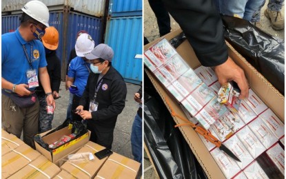 <p><strong>SMUGGLED CIGARETTES</strong>.  Bureau of Customs (BOC)-Cebu Examiner Edy Neil Camalongay (in gray cap) checks the PHP76 million worth of cigarettes loaded in a 40-footer container van smuggled from China. BOC-Cebu Acting District Collector Charlito Martin Mendoza on Thursday (June 11, 2020) issued a warrant of seizure and detention (WSD) on the shipment which he described as "testing the waters" for future cigarette smuggling via the Cebu port. <em>(Photo courtesy of BOC-Cebu)</em></p>