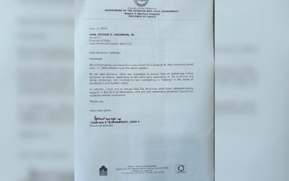<p><strong>BAN ON COCKFIGHTING.</strong> The letter of the Department of the Interior and Local Government informing Iloilo Governor Arthur Defensor Jr. of the continued ban on cockfighting. Despite the ban, Defensor on Friday (June 12, 2020) advised cockpit operators in the province to prepare guidelines for their operations. (Photo courtesy of Paul Brian Amar)</p>