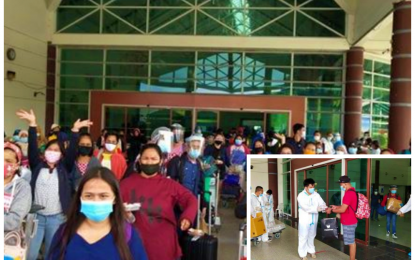 <p><strong>STRANDED NO MORE.</strong> One hundred ninety-seven returning residents of North Cotabato were welcomed by the provincial "Task Force Sagip" as they arrive at the Davao International Airport in Davao City on Monday (June 15, 2020). The stranded Cotabateños underwent proper health protocols (inset) prior to returning home.<em> (Photo courtesy of North Cotabato PIO)</em></p>