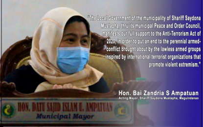 <p><strong>FULL SUPPORT.</strong> Acting Mayor Bai Zandria Ampatuan of Shariff Saydona Mustapha, Maguindanao expresses full support for the anti-terror bill in a statement on Wednesday (June 17, 2020). Two other town mayors – Datu Pax Ali Mangudadatu of Datu Abdullah Sangki and Mamatanto Mamantal of Sultan sa Barongis – also backed the proposed measure to end threats of terrorism in their respective home turfs. (<em>Photo courtesy of Shariff Saydona Mustapha LGU</em>) </p>
<p> </p>