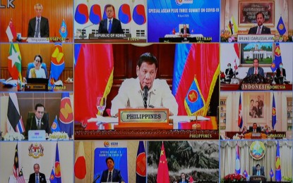 <p><strong>VIRTUAL ASEAN MEETING.</strong> President Rodrigo Roa Duterte gives his intervention as he joins other leaders from the Association of Southeast Asian Nations (Asean) member countries, the Republic of Korea, People's Republic of China and Japan during the special ASEAN Plus Three Summit on Covid-19 video conference at the Malago Clubhouse in Malacañang on April 14, 2020. Malacañang said Duterte will join again his fellow Asean leaders in a virtual conference hosted by Vietnam on June 26. <em>(Presidential photo by Ace Morandante)</em></p>