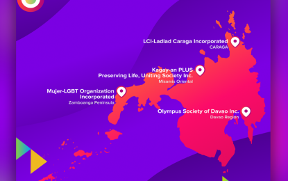 <p>Map showing LGBTQIA+ organizations that will be joining the Mindanao Pride online fundraising concert: Kagay-an PLUS Inc. (Northern Mindanao), Ladlad Caraga Inc. (Caraga Region), Mujer-LGBT Organization Inc. (Zamboanga Peninsula), and Olympus Society of Davao (Region) Inc. The organizations will also benefit from the fundraising event, which was convened by Mindanao Pride, on June 20, 2020.<em> (Image courtesy Mindanao Pride)</em></p>