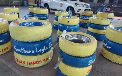 <p><strong>TRASH TO TREASURE</strong>. Improvised handwashing facilities made from used and unserviceable tires for schools in Maasin City. The Philippine Red Cross Southern Leyte Chapter on Tuesday (June 23, 2020) said they already distributed 103 improvised handwashing facilities to different offices, schools and other establishments in the province as part of its initiatives against coronavirus. <em>(Photo courtesy of Jonas Maco)</em></p>