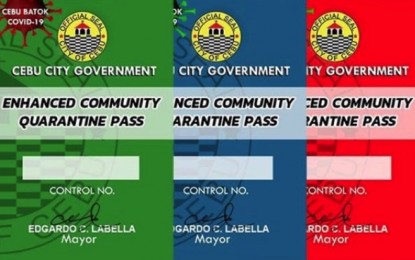 <p><strong>SUSPENDED.</strong> The screenshot shows three of four types of quarantine passes issued by Mayor Edgardo Labella to residents of Cebu City last March. Interior Secretary Eduardo Año ordered the suspension of all 250,000 quarantine passes issued by the Cebu City local government effective 10 p.m. on Tuesday (June 23, 2020). <em>(Screengrab from Cebu City Hall photo)</em></p>