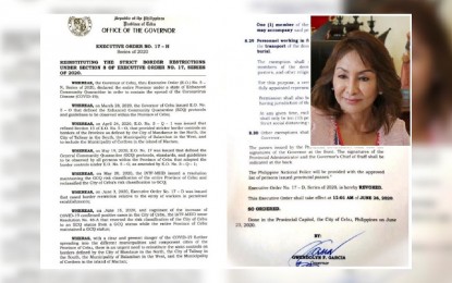 <p><strong>NEW BORDER CONTROL.</strong> Governor Gwendolyn Garcia (inset) issues Executive Order No. 17-H on Tuesday (June 23, 2020), reinstituting strict control of borders with Cebu City. The new EO enumerates the officials and individuals who are exempted from the entry ban, specifying requirements to be presented before the Philippine National Police personnel manning the checkpoints. <em>(PNA photo by John Rey Saavedra/inset photo courtesy of Cebu Provincial Capitol PIO)</em></p>