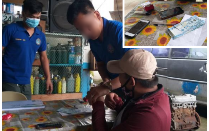 <p><strong>NABBED</strong>. Public school teacher Jovanny Daven (maroon jacket with cap) undergoes a documentation procedure by the Criminal Investigation and Detection Group operatives following his arrest for alleged extortion activities in Kidapawan City on Friday (June 26, 2020). The charges against the suspect stemmed from the complaint of a Kidapawan vocational school administrator for collecting PHP2,000 each (inset) from students of the Kisante National High School in Makilala town also enrolled at the vocational school. <em>(Photo courtesy of DXND - Kidapawan)</em></p>