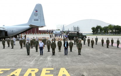 <p><strong>AFP MEDICAL TEAM.</strong> Members of the Armed Forces of the Philippines (AFP) medical team attend a send-off ceremony at the Villamor Air Base, Pasay City on Sunday (June 29, 2020). The AFP sent nine doctors, 13 nurses and 13 medical aides to help contain the coronavirus disease 2019 (Covid-19) spike in the Cebu City.<em> (Courtesy of AFP PAO)</em></p>