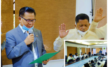 <p><strong>OATH-TAKING.</strong> Bangsamoro Autonomous Region in Muslim Mindanao Chief Minister Ahod “Murad” Ebrahim (left) facilitated on Tuesday (June 30, 2020) the oath-taking ceremony for designated administrator Mohamad Kelie Antao (right) and seven other appointed officials (inset with Ebrahim) who will manage the affairs of the 63 barangays in North Cotabato under the newly created Development Coordinating Office for the area. The new BARMM villages voted "yes" for inclusion in the expanded region during a plebiscite held on Feb. 6, 2019. <em>(Photo courtesy of BPI-BARMM)</em></p>