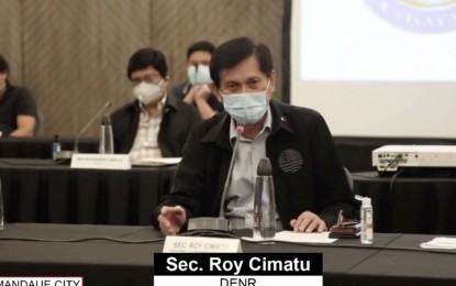 <p><strong>VILLAGE CHIEFS' ROLE VS. COVID-19</strong>. Environment Secretary Roy Cimatu stresses the importance of the role of Cebu City barangay captains in the fight against Covid-19 during a virtual presser in Mandaue City on Wednesday (July 1, 2020). He said he assigned a threshold for the village chiefs to achieve before the Inter-Agency Task Force for the Management of Emerging Infectious Diseases decides to lift the lockdown on their areas. <em>(Screengrab from OPAV video)</em></p>