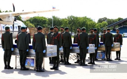 <p><strong>FINDING JUSTICE.</strong> The remains of three of the four slain soldiers allegedly shot and killed by police officers in Sulu last June 29 arrive at the Villamor Airbase in Pasay City on Tuesday (June 30, 2020). President Rodrigo Duterte has ordered the National Bureau of Investigation (NBI) to hasten its probe on the incident. <em>(Photo courtesy of the Army Chief Public Affairs Offce)</em></p>