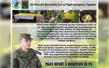 <p><strong>FOR PEACE AND DEV’T</strong>. Statement of Joint Task Force Bicolandia (JTFB) and 9th Infantry Division Commander Maj. Gen. Henry Robinson Jr. Explosives and its components believed to be owned by the communist terrorist group (CTG) were seized in Labo, Camarines Norte earlier this week.<em> ( Photo from 9ID)</em></p>
