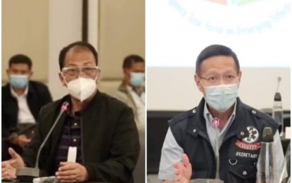 <p><strong>PUBLIC HEALTH INTERVENTIONS</strong>. Health Secretary Francisco Duque III (right) and National Task Force Against Covid-19 chief implementer Secretary Carlito Galvez Jr. (left) attend the Inter-Agency Task Force for the Management of the Emerging Infectious Diseases meeting in Mandaue City, Cebu on addressing the coronavirus crisis in Cebu City. Duque during the meeting held Wednesday (July 1, 2020) said the IATF is ramping up public health interventions to arrest the rising number of Covid-19 cases in Cebu province's capital city.<em> (Screengrab from OPAV video)</em></p>