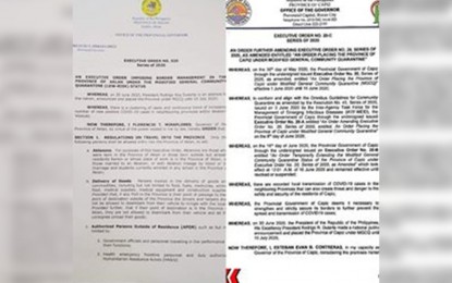<p><strong>TRAVEL RESTRICTION</strong>. The photo shows the executive orders passed by the provinces of Aklan (left) and Capiz on Thursday (July 2, 2020) imposing travel restrictions against the coronavirus disease 2019 (Covid-19). Both provinces are under modified general community quarantine until July 15. <em>(Photos courtesy of Gov. Florencio Miraflores and Capiz Kabalaka Information Center)</em></p>
