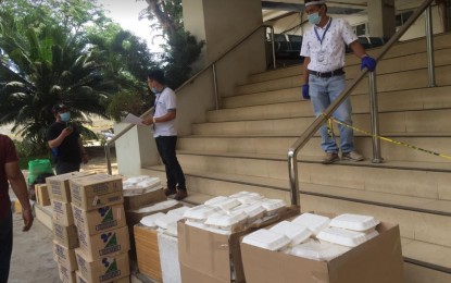 <p><strong>BAYANIHAN.</strong> Food packs are delivered by the JCI Kagayhaan Gold for the locally-stranded individuals from the Zamboanga Peninsula and Basilan province. The ship carrying the LSIs was rerouted to Cagayan de Oro City following the national Inter-Agency Task Force approval of the request of Basilan Gov. Hataman Jim Samillan to temporarily suspend the repatriation of returning residents for at least 15 days. <em>(Photo courtesy of Keny L Waban)</em></p>