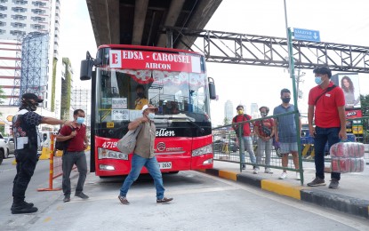 <div dir="auto"><strong>NEW LOADING, UNLOADING. </strong> A public utility bus (PUB) drops and picks up passengers in the newly-built public bus stop at the Edsa-Main Avenue in Quezon City on Friday (July 10, 2020). Under the "new normal", bus stops are located at the median lanes along the stretch of Edsa from Balintawak in Quezon City up to Pasay City. (<em>PNA photo by Robert Oswald P. Alfiler</em>)  </div>