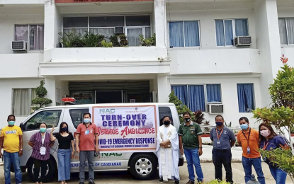 <p><strong>AMBULANCE FOR COVID-19 RESPONSE.</strong> Cagdianao Mining Corporation, led by resident mine manager Arnilo C. Milaor, turns over an ambulance to the municipality of Cagdianao in Dinagat Islands province to strengthen the town's coronavirus response on April 17, 2020. The company has set aside over PHP6 million for Covid-related response from its corporate social responsibility and Social Development Program funds. <em>(Contributed Photo)</em></p>