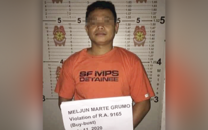 <p><strong>HIGH-VALUE TARGET</strong>. Meljun Grumo, 34, considered a high-value target by Police Regional Office in Caraga, is arrested Saturday (July 11, 2020) in a buy-bust in Trento, Agusan del Sur. Authorities say he yielded PHP141,600 worth of shabu and PHP20,000 worth of dried marijuana leaves. <em>(Photo courtesy of PRO-13 Information Office)</em></p>