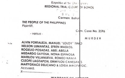 <p><strong>ARREST WARRANT</strong>. A copy of the warrant of arrest issued by the Regional Trial Court Branch 51 in Carmen, Bohol showing Emmylou Cañesares or “Emmylo Cañares” as one of the 14 leaders of the New People’s Army’s Komiteng Rehiyonal-Negros/Cebu/Bohol/Siquijor arrested for murder. Cañares was nabbed with three other suspected rebels in Sitio Mamposo, Barangay Magballo, Kabankalan City, Negros Occidental on July 10. <em>(Photo courtesy of 3rd Infantry Division, Philippine Army)</em></p>