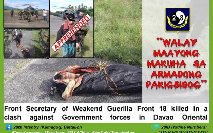 <p><strong>KILLED.</strong> A photo montage provided by the Army's 28th Infantry Battalion shows the remains of New People's Army leader Prince Wendel Olofernes, allegedly the secretary of the 'weakened' Guerilla Front 18. Olofernes was killed in a firefight with government troops in Brgy. Maragatas, Lupon, Davao Oriental on Friday (July 17, 2020).</p>