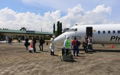 <p><strong>AIRPORT SAFETY</strong>. Philippine Airlines (PAL) passengers from Metro Manila disembark at the Antique Airport on July 15, 2020. San Jose de Buenavista Mayor Elmer Untaran on Monday (July 20, 2020) said the Municipal Council has passed the Public Safety and Security Ordinance to ensure the safety of aircraft and passengers at the province's airport. <em>(Photo courtesy of Antique PIO)</em></p>