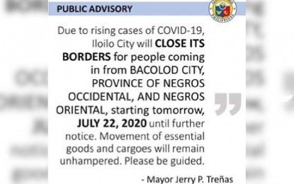 <p><strong>BORDER CLOSURE</strong>. Iloilo City will indefinitely not accept people from Negros Island effective Wednesday (July 22, 2020). Mayor Jerry Treñas cited the rising cases of Covid-19 as the reason for the closure in an advisory released on Tuesday (July 21, 2020). <em>(Photo by Iloilo City Government)</em></p>