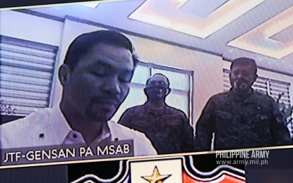 <p><strong>NEW PH ARMY ADVISER.</strong> Senator Emmanuel "Manny" Pacquiao takes his oath as a member of the Philippine Army's Multi-Sector Advisory Board via videoconferencing on Wednesday (July 22, 2020). The Army said Pacquiao's experience in good governance will translate into initiatives that will ensure the continuity and sustainability of the PA Transformation Roadmap and in promoting volunteerism and shared responsibility. <em>(Photo courtesy of the Army Chief Public Affairs Office)</em></p>