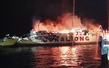 <p><strong>HUGE DAMAGE</strong>. Fire razes the Cebu-based Cokaliong Shipping Lines’ MV Filipinas Dinagat, off the waters of Catmon, Cebu while en route to Palompon, Leyte on Thursday night (July 23, 2020). The shipping firm reported "huge damage" but said the captain and 47 crew members were all accounted for. <em>(Photo courtesy of Ormoc's Online Top Diary Facebook page)</em></p>