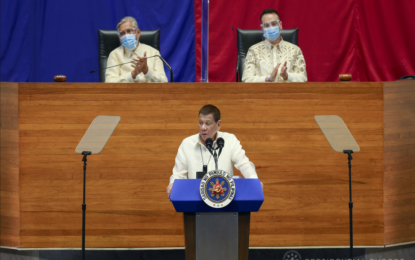 <p><strong>SPORTS DEVELOPMENT</strong>. President Rodrigo Duterte delivers his fifth state of the nation address at the Batasang Pambansa on Monday (July 27, 2020). Duterte recognized the creation of the national academy of sports through a law he signed last June in the country’s sports development. <em>(Presidential photo)</em></p>