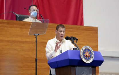 <p><strong>DIPLOMATIC MEANS.</strong> President Rodrigo Duterte tackles disputed South China Sea in his fifth State of the Nation Address (SONA) on Monday (July 27, 2020). Duterte said his government works without fail to protect the Philippines’ rights in the West Philippine Sea through diplomatic means. <em>(Presidential photo)</em></p>