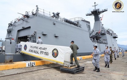 <p><strong>OFF TO HAWAII.</strong> Navy personnel board the Philippines' first missile frigate BRP Jose Rizal in a send-off ceremony at the Alava Wharf in Subic Bay, Zambales on Wednesday (July 29, 2020). The BRP Jose Rizal and its crew will participate in the Rim of the Pacific (RIMPAC) 2020 in the waters off Hawaii from August 17 to 31.<em> (Photo courtesy of Naval Public Affairs Office)</em></p>