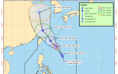 <p><strong>‘DINDO’.</strong> The path of Tropical Depression Dindo in the next few days, according to the weather bureau on Saturday (Aug. 1, 2020). While “Dindo” has no direct impact on the country, the bureau said it would enhance the southwest monsoon, resulting in some rains in most parts of the country. <em>(Photo courtesy of PAGASA)</em></p>