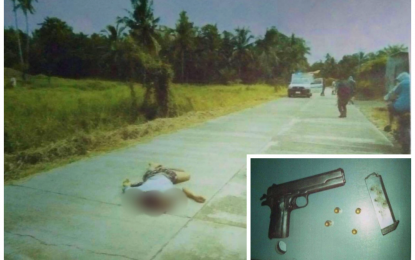<p><strong>END OF THE LINE.</strong> Suspected gun-for-hire gang leader Ronnie Balah lies dead on the pavement after he tried to grab the firearm of one of his arresting officers while onboard a police vehicle on their way to the police station of Kabacan, North Cotabato on Tuesday (Aug. 4, 2020). Confiscated from the suspect was a .45-caliber pistol (inset) that led to his being stopped at a government para-military checkpoint in Barangay Dagupan before being transported to the police station. <em>(Photo courtesy of Kabacan MPS)</em></p>